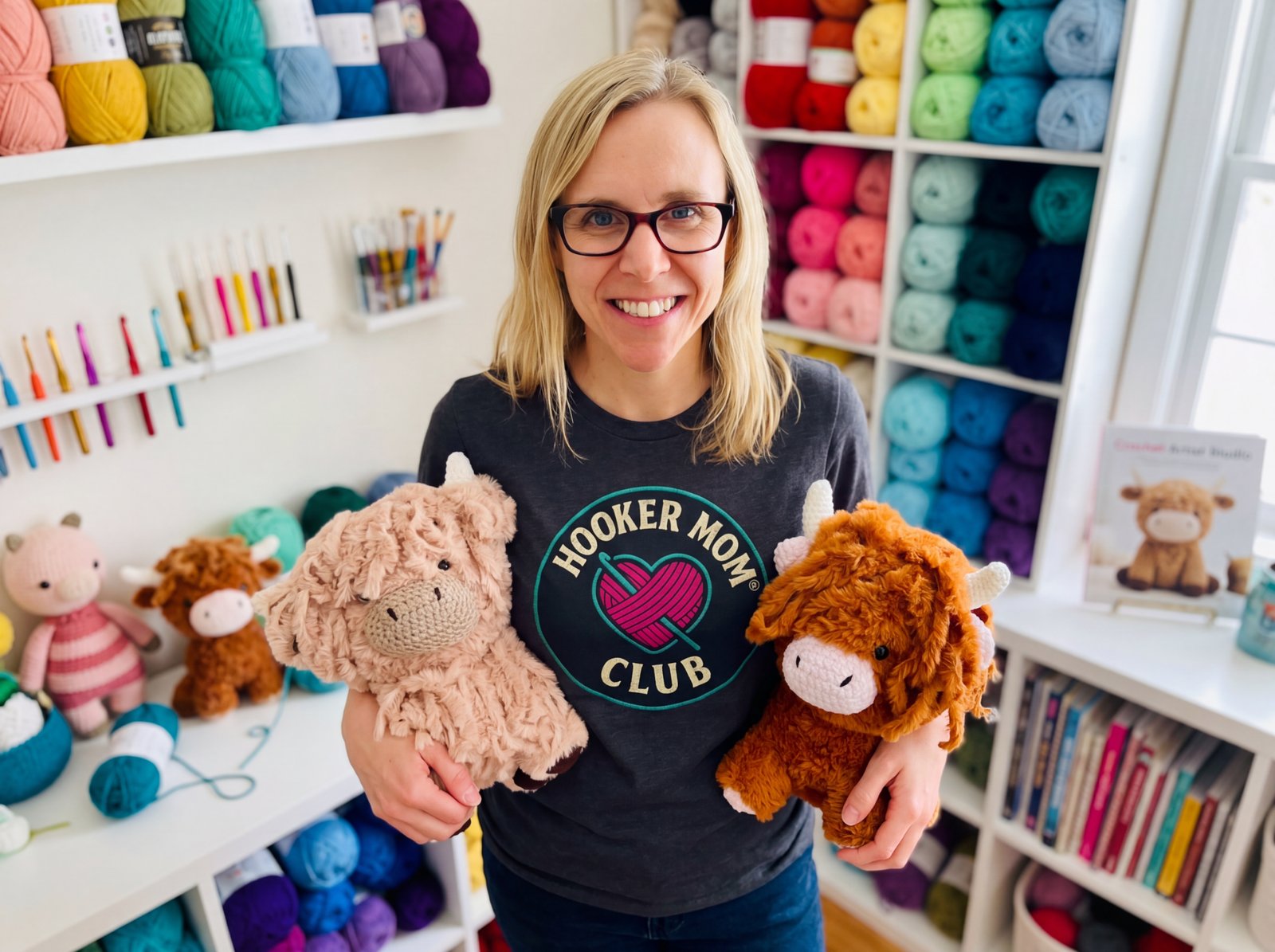 A Hooker Mom Club studio scene with yarn shelves and handmade crochet animals