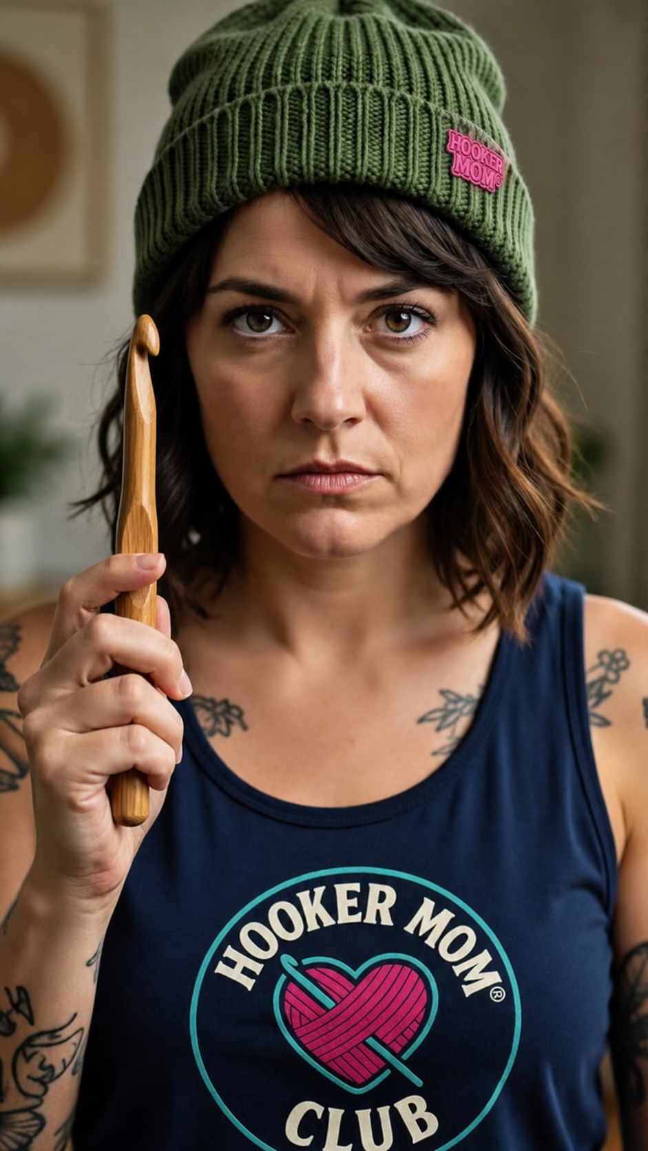 A Hooker Mom Club character wearing the club shirt and a Hooker Mom patch on her knit hat